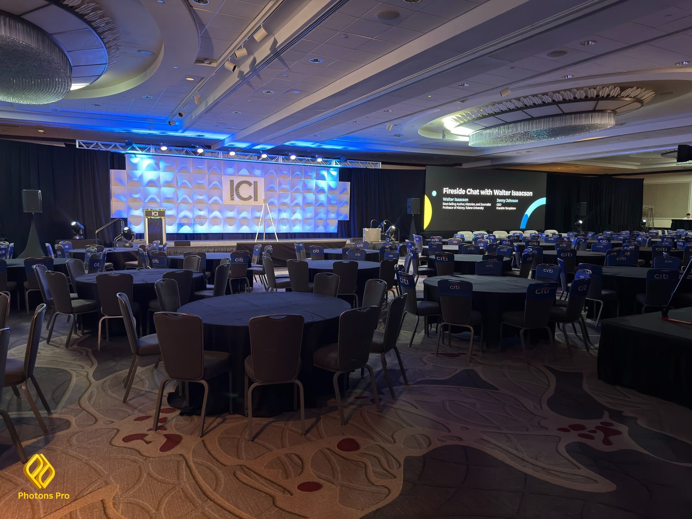 Corporate event production setup with AV lighting and LED screens for business events in Brooklyn and Hoboken.