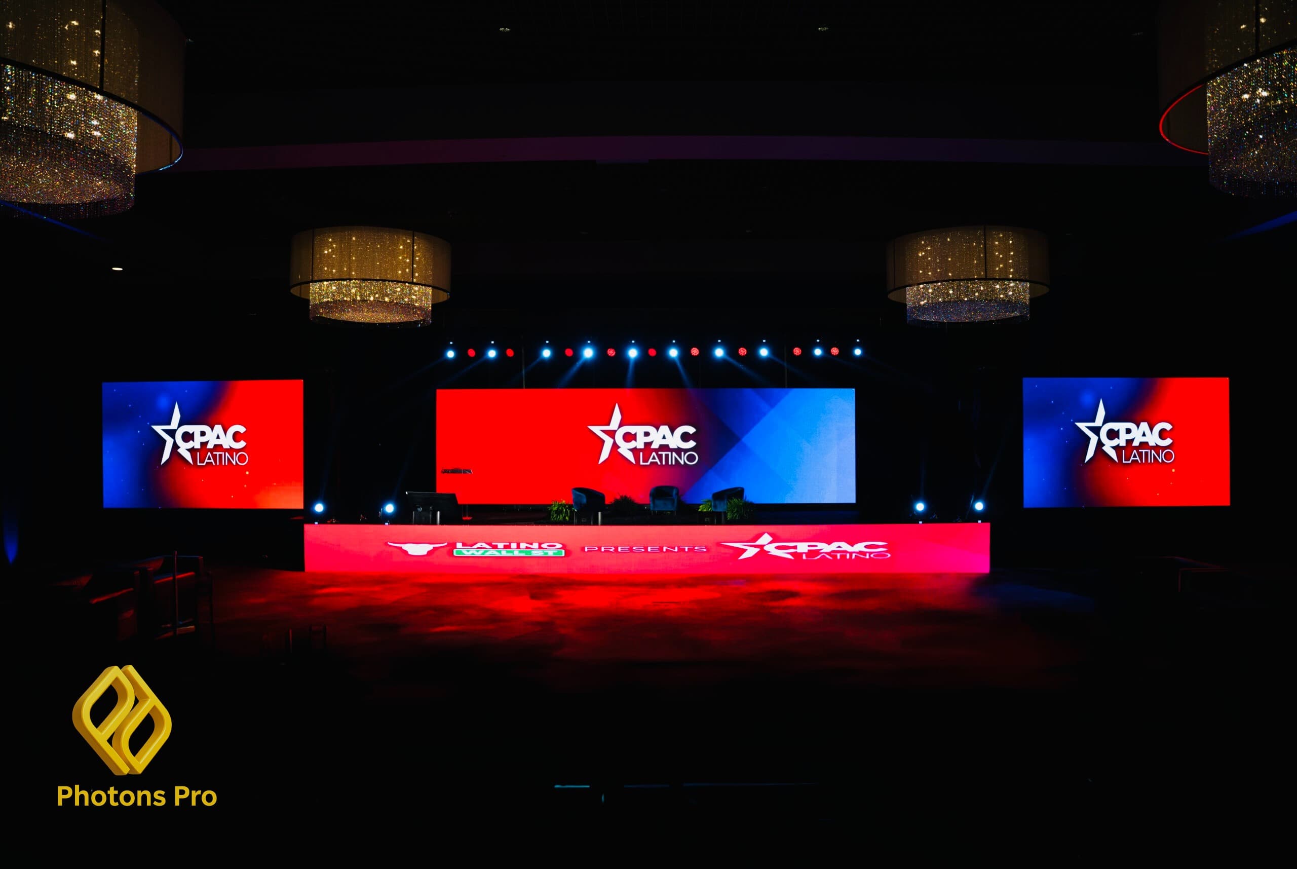 Corporate event production setup with AV lighting and LED screens for business events in Queens and Englewood.