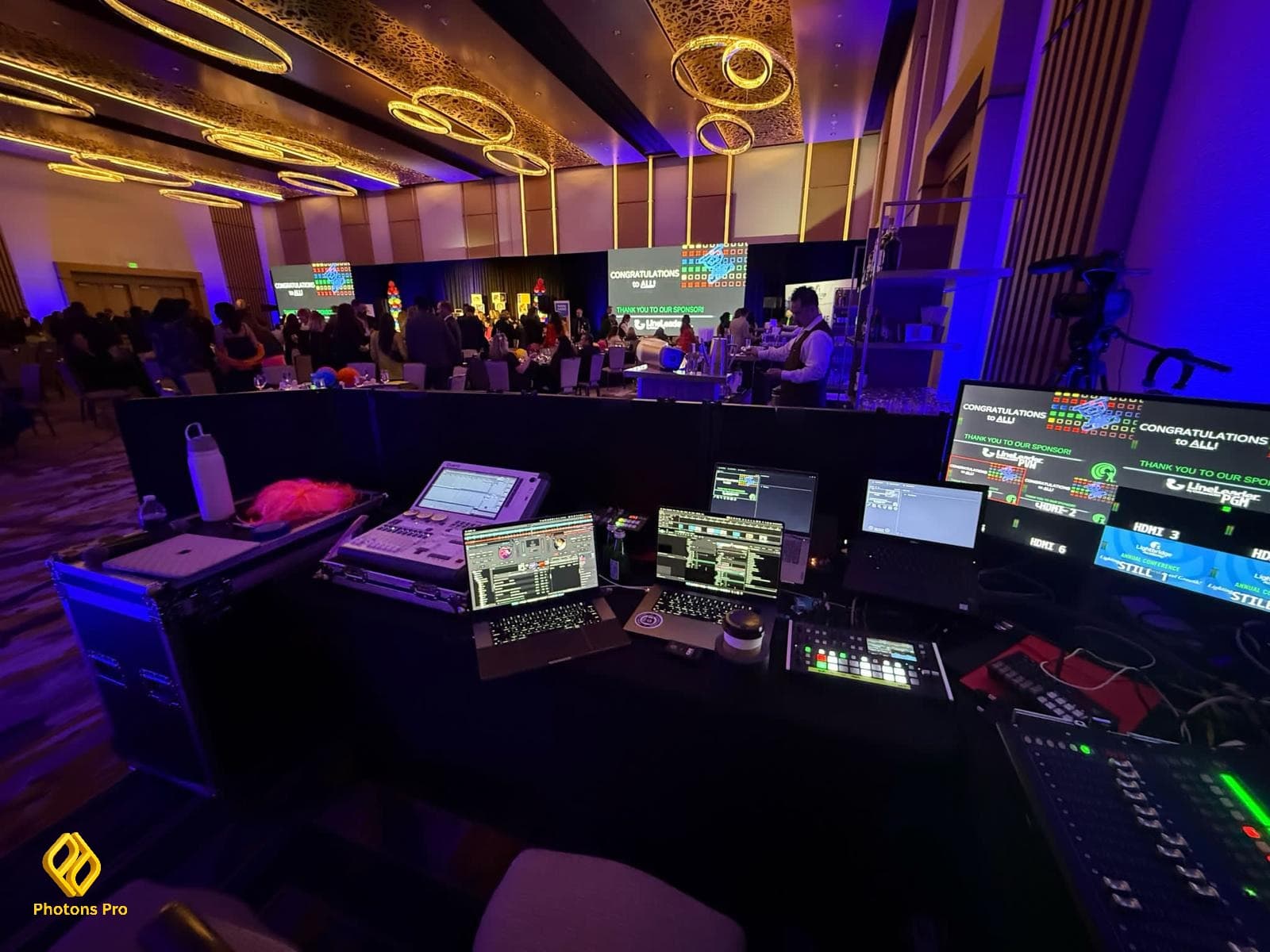 Corporate event production setup with AV lighting and LED screens for business events in Hoboken and Cambridge.
