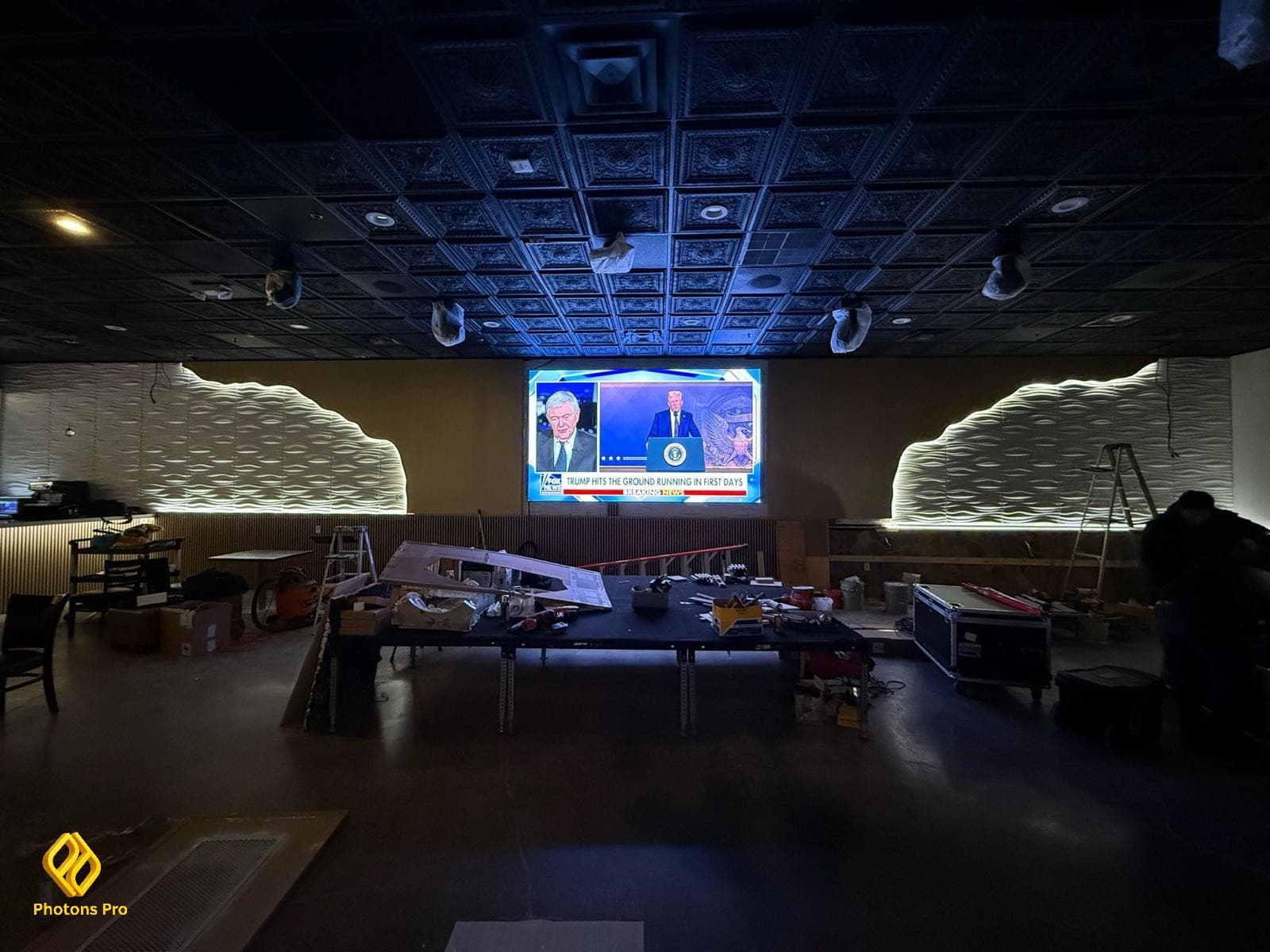 Corporate event production setup with AV lighting and LED screens for business events in Englewood and Stamford.